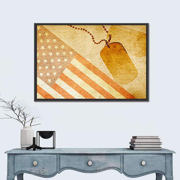 Vintage USA Flag And ID Tag Canvas Wall Art-1 Piece-Floating Frame-24" x 16"-Tiaracle