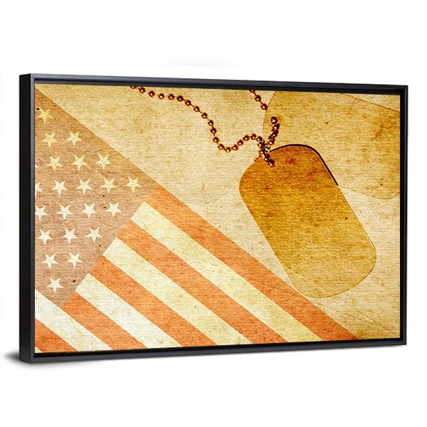 Vintage USA Flag And ID Tag Canvas Wall Art-3 Horizontal-Gallery Wrap-25" x 16"-Tiaracle