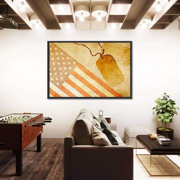 Vintage USA Flag And ID Tag Canvas Wall Art-3 Horizontal-Gallery Wrap-25" x 16"-Tiaracle
