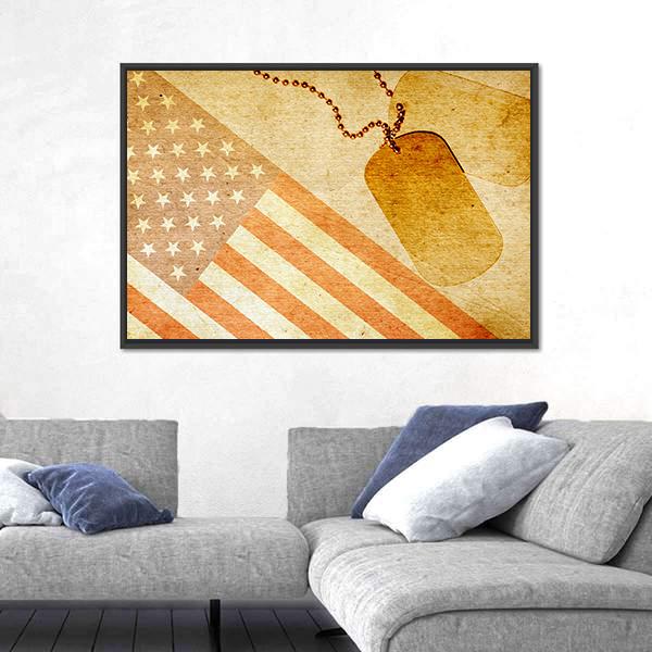 Vintage USA Flag And ID Tag Canvas Wall Art-3 Horizontal-Gallery Wrap-25" x 16"-Tiaracle