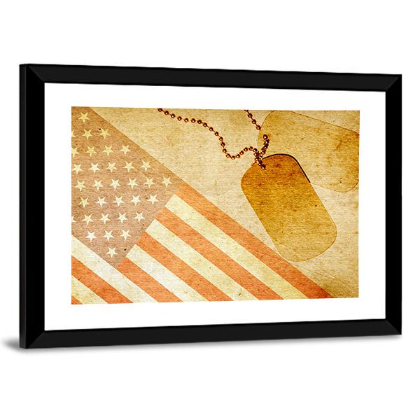 Vintage USA Flag And ID Tag Canvas Wall Art-3 Horizontal-Gallery Wrap-25" x 16"-Tiaracle