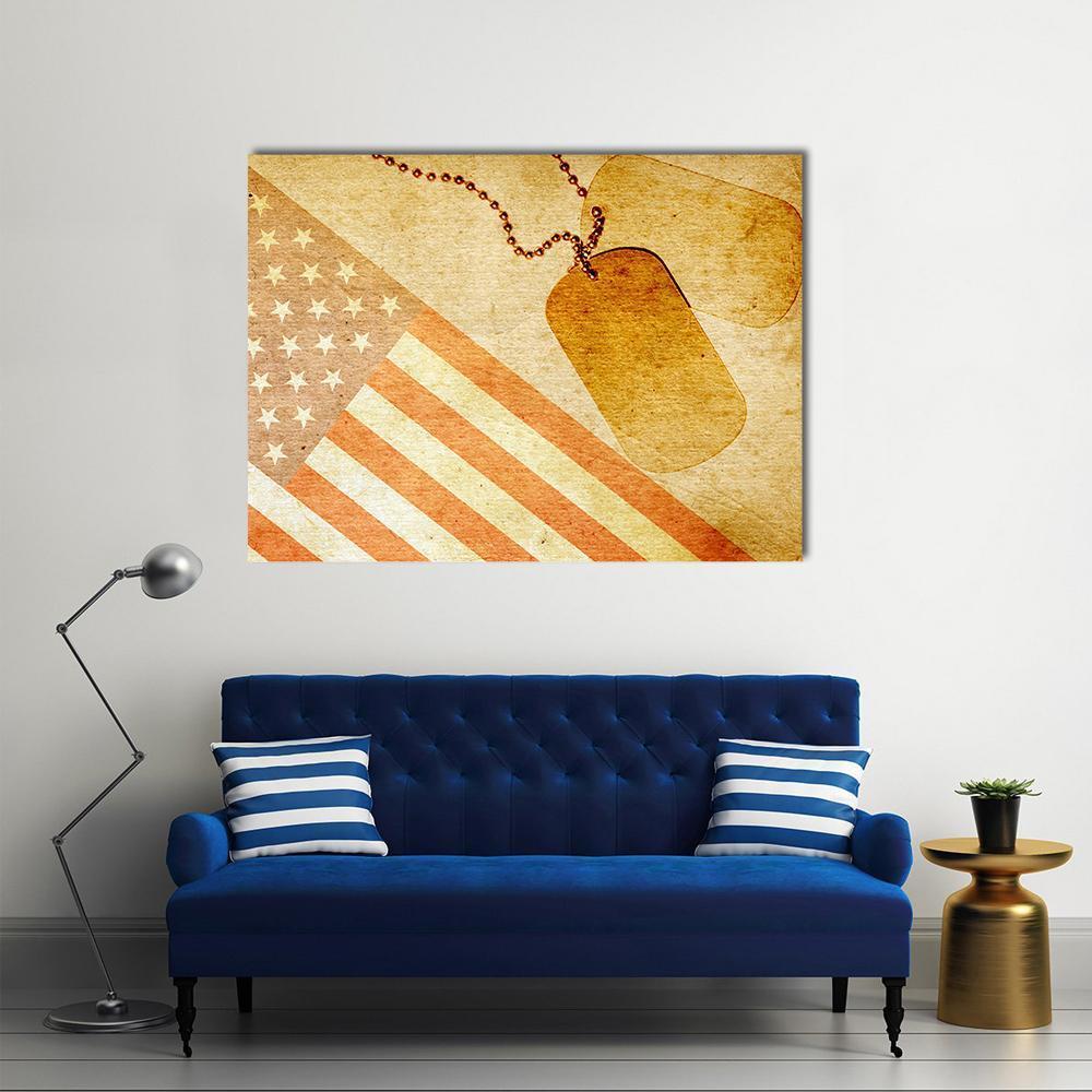 Vintage American Flag with Dog Tags Canvas Wall Art in beige, brown and orange, single panel hung on a wall