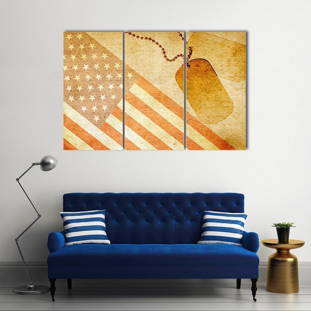 Vintage USA Flag And ID Tag Canvas Wall Art-4 Pop-Gallery Wrap-50" x 32"-Tiaracle