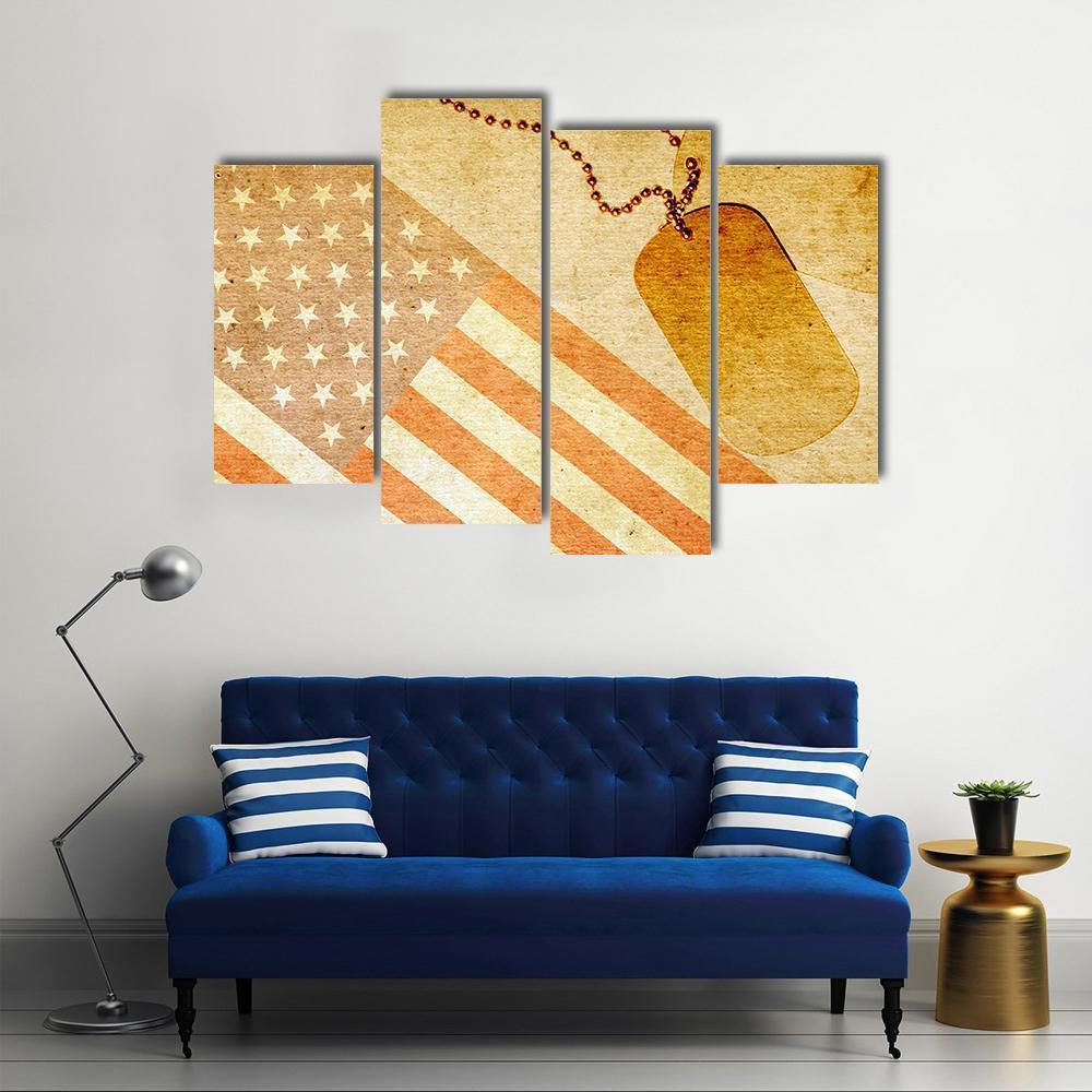 Vintage USA Flag And ID Tag Canvas Wall Art-4 Pop-Gallery Wrap-50" x 32"-Tiaracle