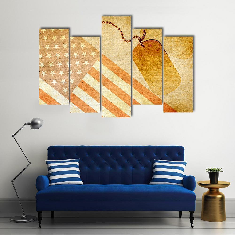 Vintage USA Flag And ID Tag Canvas Wall Art-5 Pop-Gallery Wrap-47" x 32"-Tiaracle