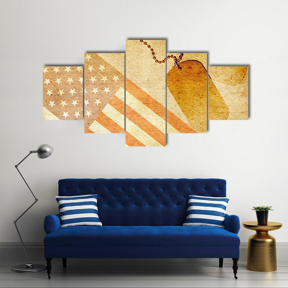 Vintage USA Flag And ID Tag Canvas Wall Art-5 Star-Gallery Wrap-62" x 32"-Tiaracle