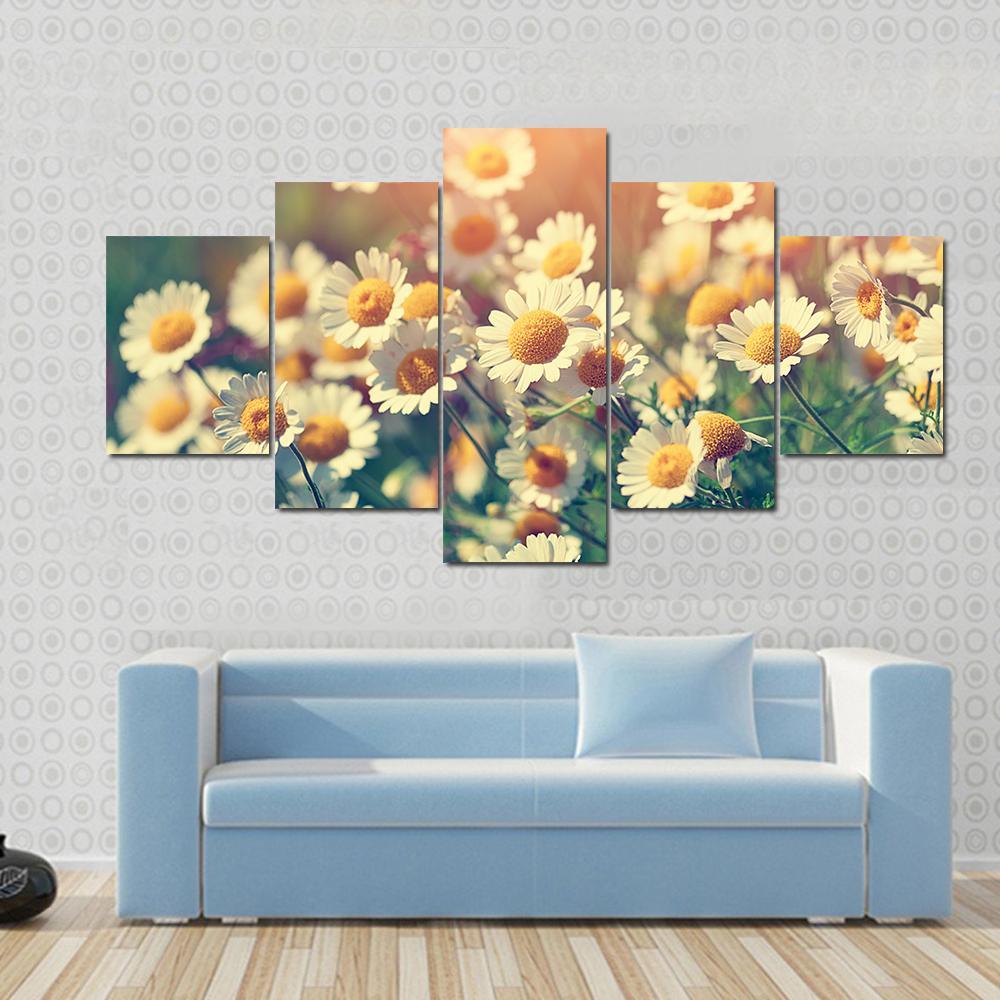 Vintage Wilde Chamomile Flowers Canvas Wall Art-5 Star-Gallery Wrap-62" x 32"-Tiaracle