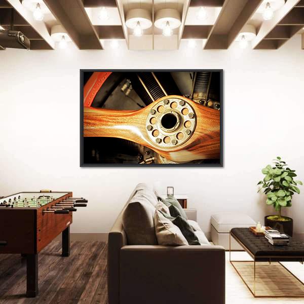 Vintage Wooden Aircraft Propeller And Engine Cylinders Canvas Wall Art-5 Horizontal-Gallery Wrap-22" x 12"-Tiaracle