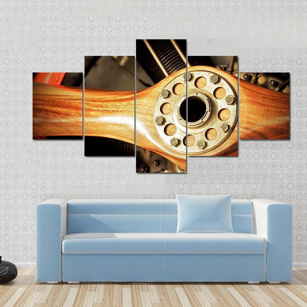 Vintage Wooden Aircraft Propeller And Engine Cylinders Canvas Wall Art-5 Star-Gallery Wrap-62" x 32"-Tiaracle