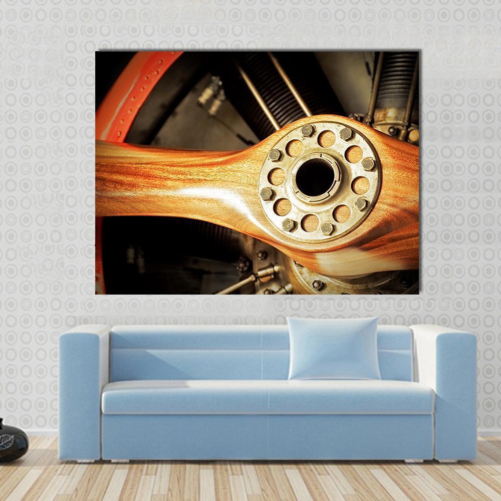 Vintage Wooden Aircraft Propeller And Engine Cylinders Canvas Wall Art-4 Horizontal-Gallery Wrap-34" x 24"-Tiaracle