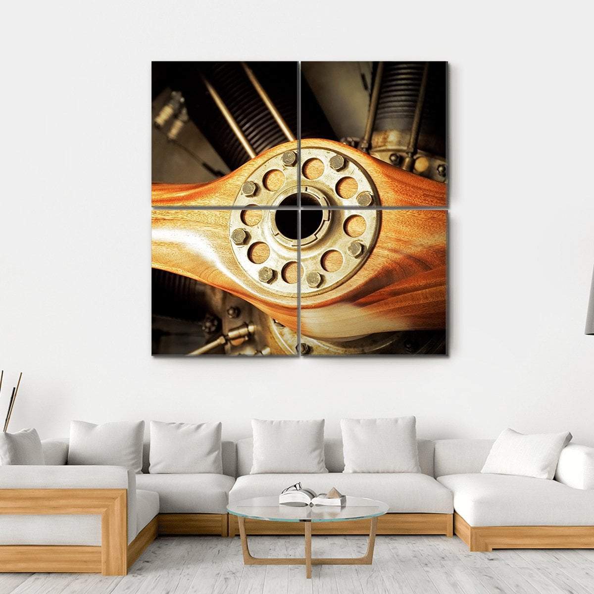 Vintage Wooden Aircraft Propeller And Engine Cylinders Canvas Wall Art-4 Square-Gallery Wrap-17" x 17"-Tiaracle