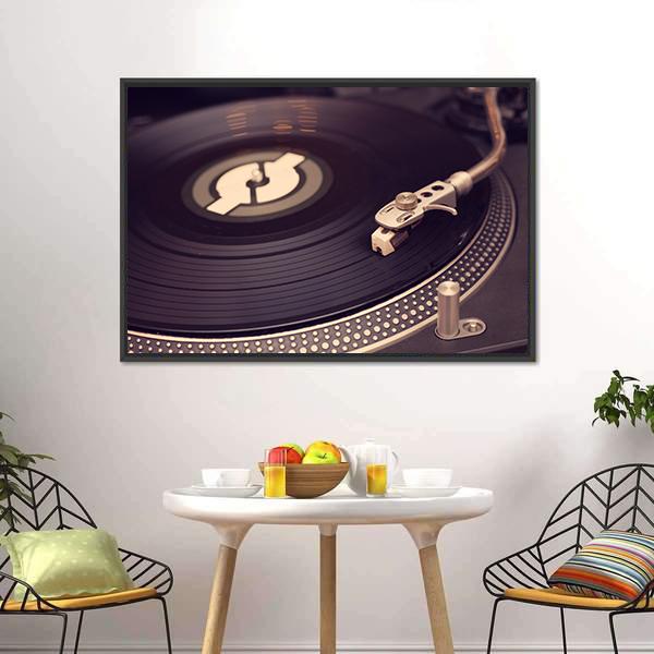 Vintage Vinyl Turntable Close-up Canvas Wall Art in black and brown, framed canvas, product view on a white background