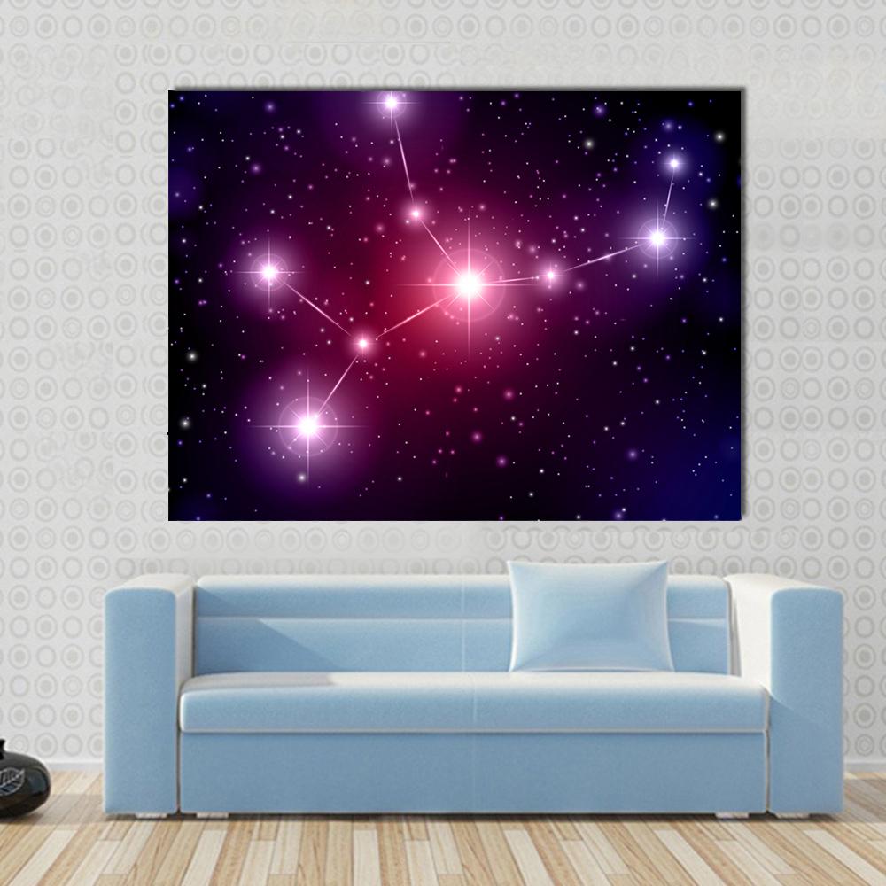 Virgo Constellation Canvas Wall Art in black, purple and pink, single panel hung on a wall