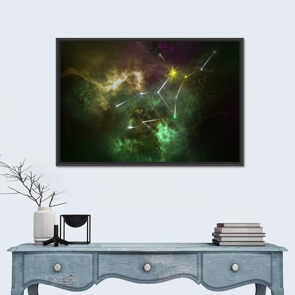 Virgo Constellation Nebula Canvas Wall Art in black, yellow and green, framed canvas, product view on a white background