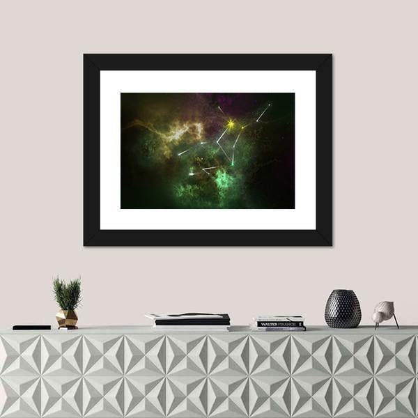 Virgo Constellation Nebula Canvas Wall Art in black, yellow and green, framed print, product view on a white background