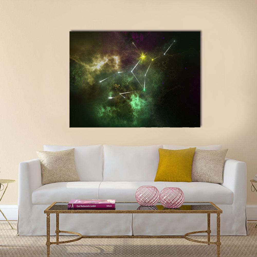 Virgo Constellation Canvas Wall Art in black, yellow and green, single panel hung on a wall