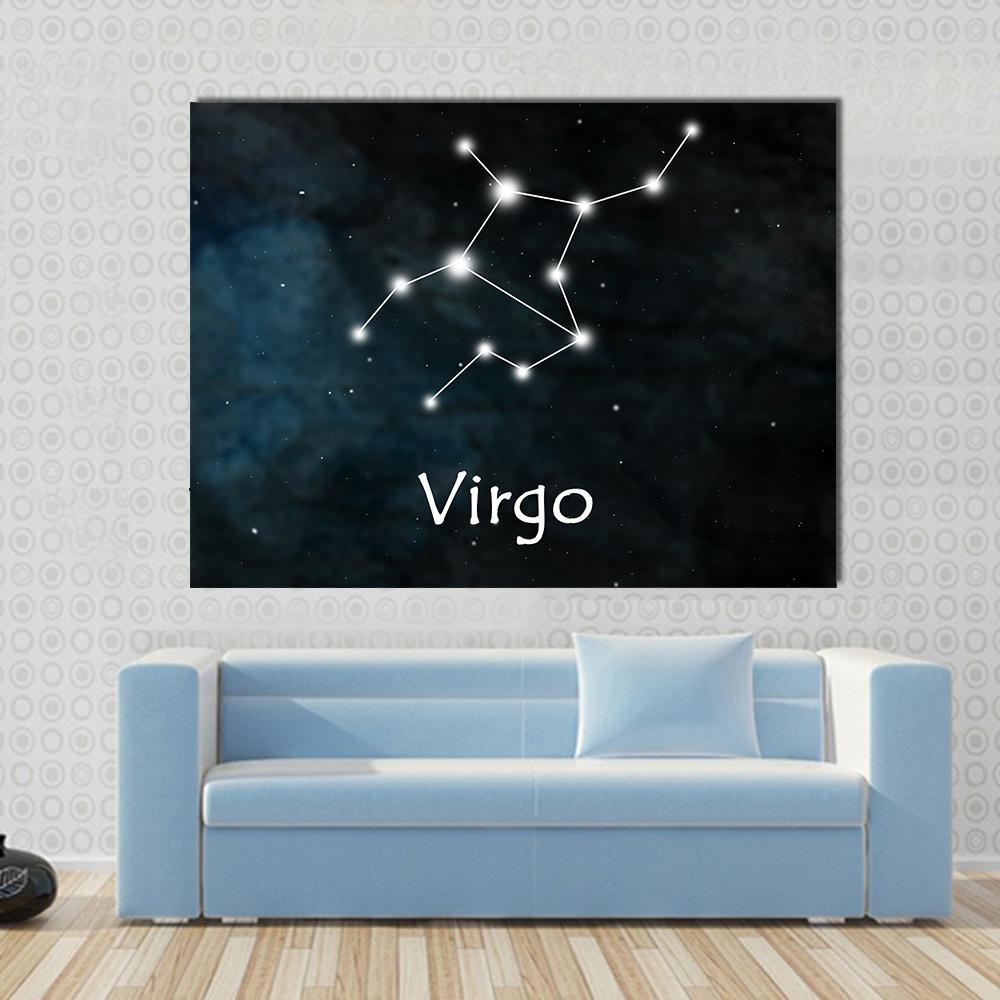 Virgo Constellation Canvas Wall Art in black, white and blue, single panel hung on a wall