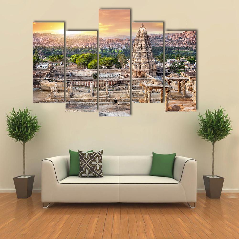 Virupaksha Temple At Sunset In India Canvas Wall Art-5 Pop-Gallery Wrap-47" x 32"-Tiaracle