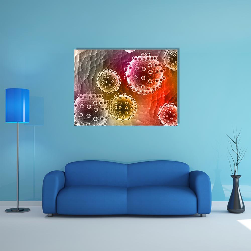 Microscopic Virus Close-up Canvas Wall Art in red, orange and yellow, single panel hung on a wall