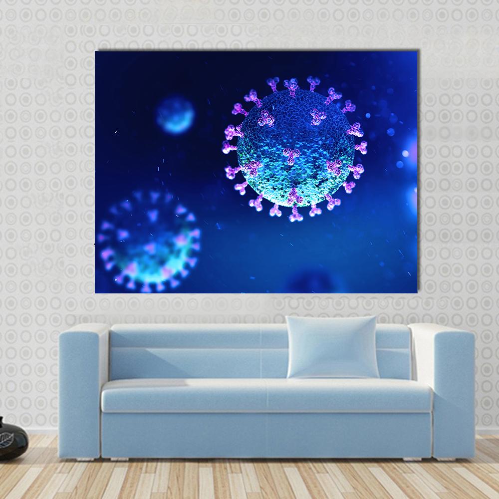 Coronavirus Under the Microscope Canvas Wall Art in blue and purple, single panel hung on a wall