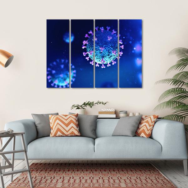 Coronavirus Under the Microscope Canvas Wall Art in blue and purple, hung on a wall
