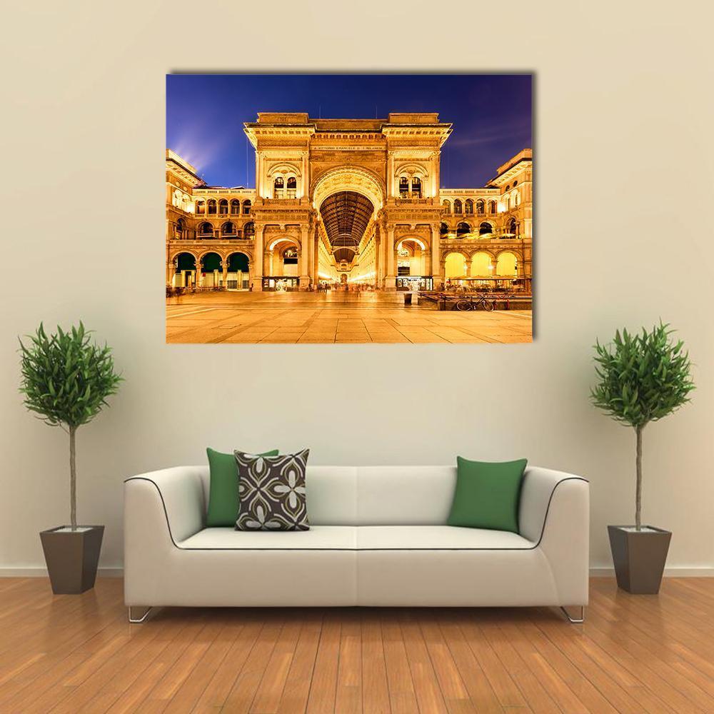 Galleria Vittorio Emanuele Ii, Milan Canvas Wall Art in gold, yellow and blue, single panel hung on a wall