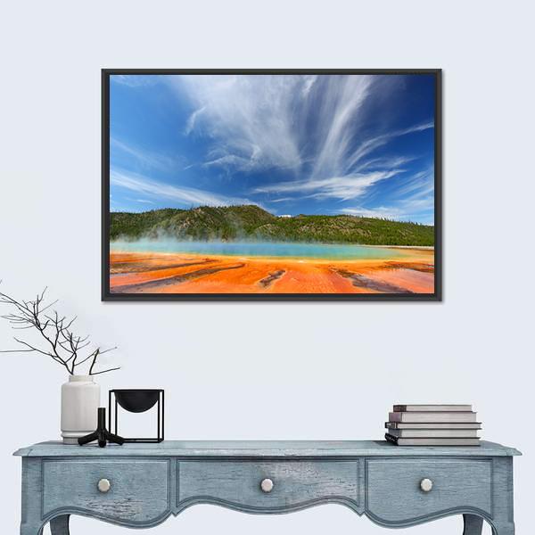Vivid Colors of Grand Prismatic Spring Canvas Wall Art in orange, yellow and blue, framed canvas, product view on a white background