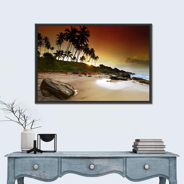 Vivid Sunrise Under The Coconut Palms On Sri Lanka Beach Canvas Wall Art-1 Piece-Floating Frame-24" x 16"-Tiaracle