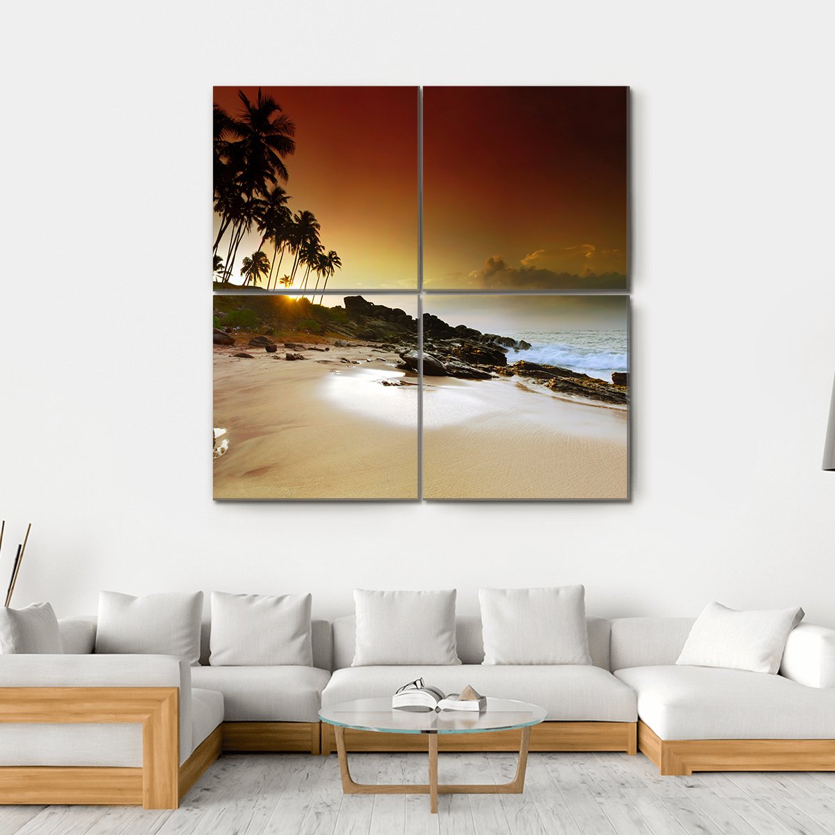Vivid Sunrise Under The Coconut Palms On Sri Lanka Beach Canvas Wall Art-4 Square-Gallery Wrap-17" x 17"-Tiaracle