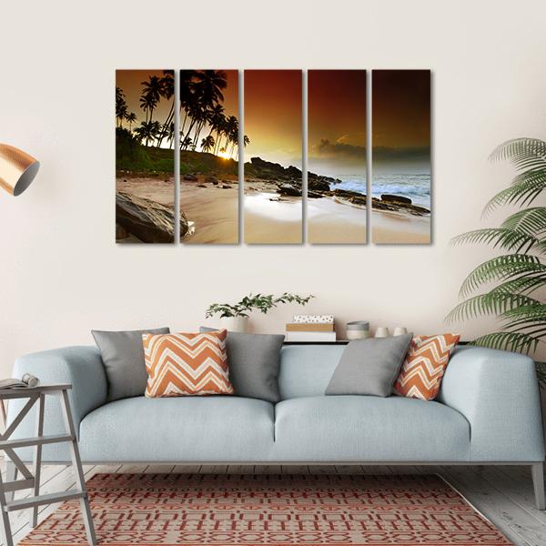 Vivid Sunrise Under The Coconut Palms On Sri Lanka Beach Canvas Wall Art-5 Horizontal-Gallery Wrap-22" x 12"-Tiaracle