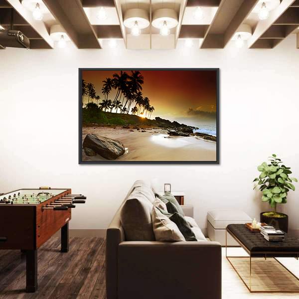 Vivid Sunrise Under The Coconut Palms On Sri Lanka Beach Canvas Wall Art-5 Horizontal-Gallery Wrap-22" x 12"-Tiaracle