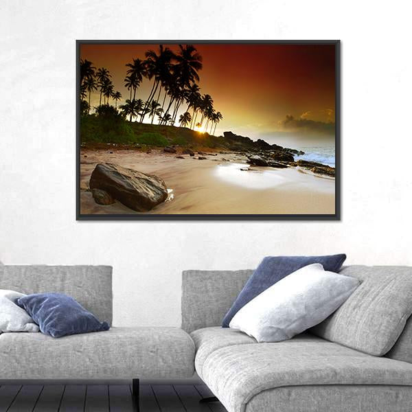 Vivid Sunrise Under The Coconut Palms On Sri Lanka Beach Canvas Wall Art-3 Horizontal-Gallery Wrap-25" x 16"-Tiaracle