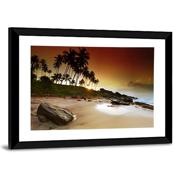 Vivid Sunrise Under The Coconut Palms On Sri Lanka Beach Canvas Wall Art-5 Horizontal-Gallery Wrap-22" x 12"-Tiaracle