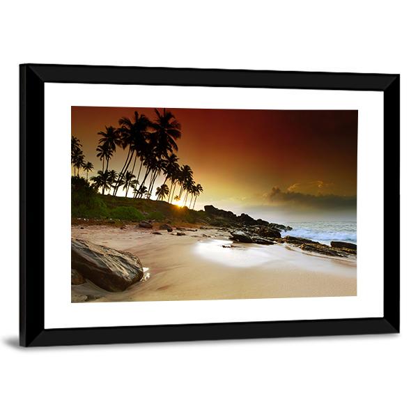 Vivid Sunrise Under The Coconut Palms On Sri Lanka Beach Canvas Wall Art-3 Horizontal-Gallery Wrap-25" x 16"-Tiaracle