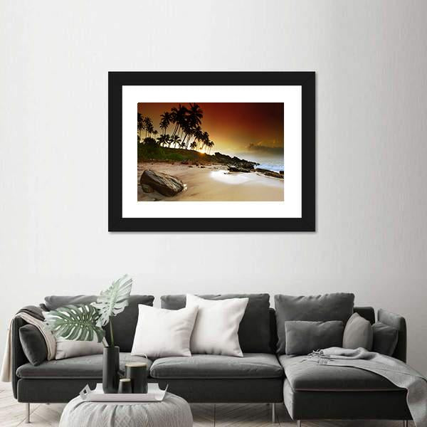 Vivid Sunrise Under The Coconut Palms On Sri Lanka Beach Canvas Wall Art-5 Horizontal-Gallery Wrap-22" x 12"-Tiaracle