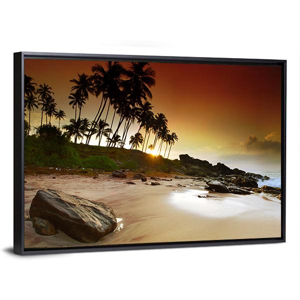 Vivid Sunrise Under The Coconut Palms On Sri Lanka Beach Canvas Wall Art-5 Horizontal-Gallery Wrap-22" x 12"-Tiaracle