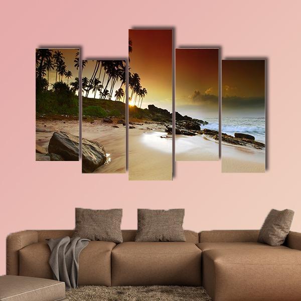 Vivid Sunrise Under The Coconut Palms On Sri Lanka Beach Canvas Wall Art-5 Pop-Gallery Wrap-47" x 32"-Tiaracle
