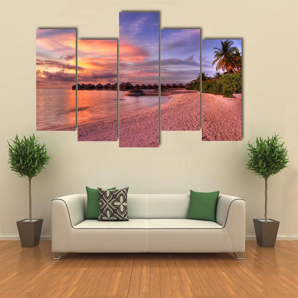 Vivid Sunset Over Beach Canvas Wall Art-5 Pop-Gallery Wrap-47" x 32"-Tiaracle
