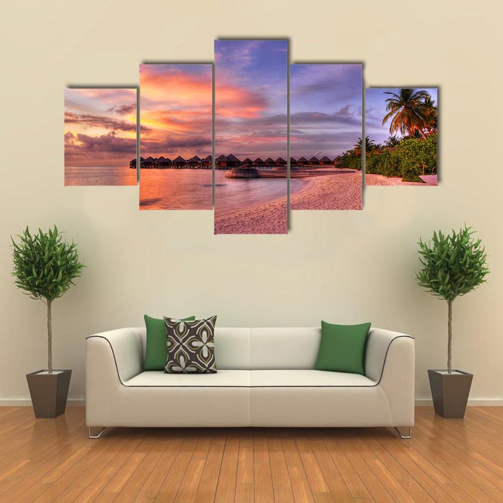 Vivid Sunset Over Beach Canvas Wall Art-5 Pop-Gallery Wrap-47" x 32"-Tiaracle