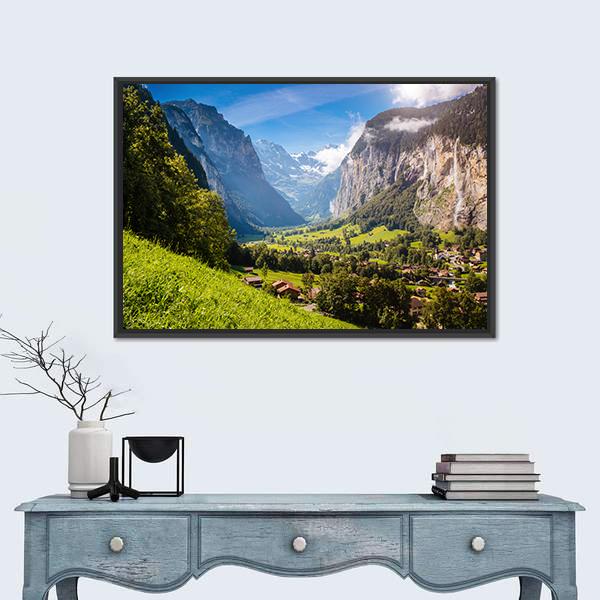 Vivid View Of Alpine Village Canvas Wall Art-1 Piece-Floating Frame-24" x 16"-Tiaracle
