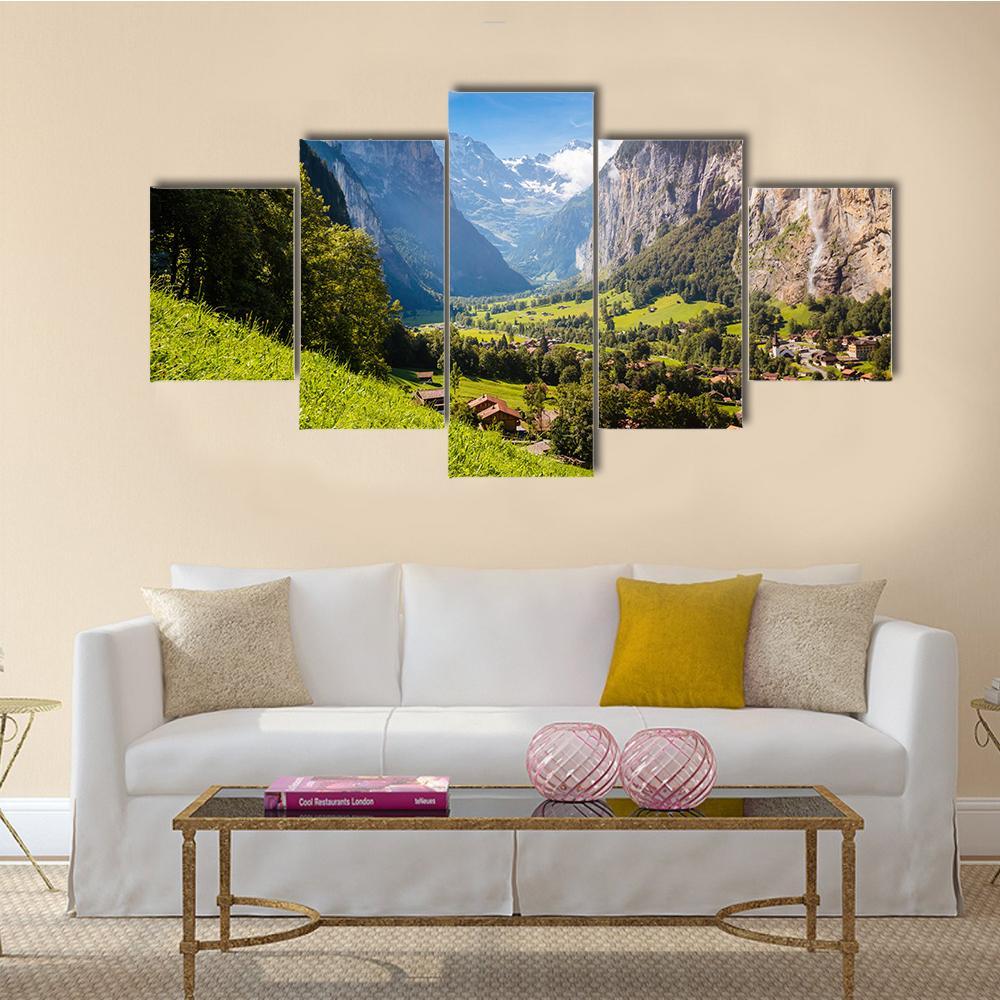 Vivid View Of Alpine Village Canvas Wall Art-5 Star-Gallery Wrap-62" x 32"-Tiaracle