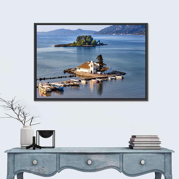 Vlacherna Monastery Church In Greece Canvas Wall Art-1 Piece-Floating Frame-24" x 16"-Tiaracle