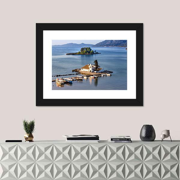 Vlacherna Monastery Church In Greece Canvas Wall Art-1 Piece-Framed Print-20" x 16"-Tiaracle
