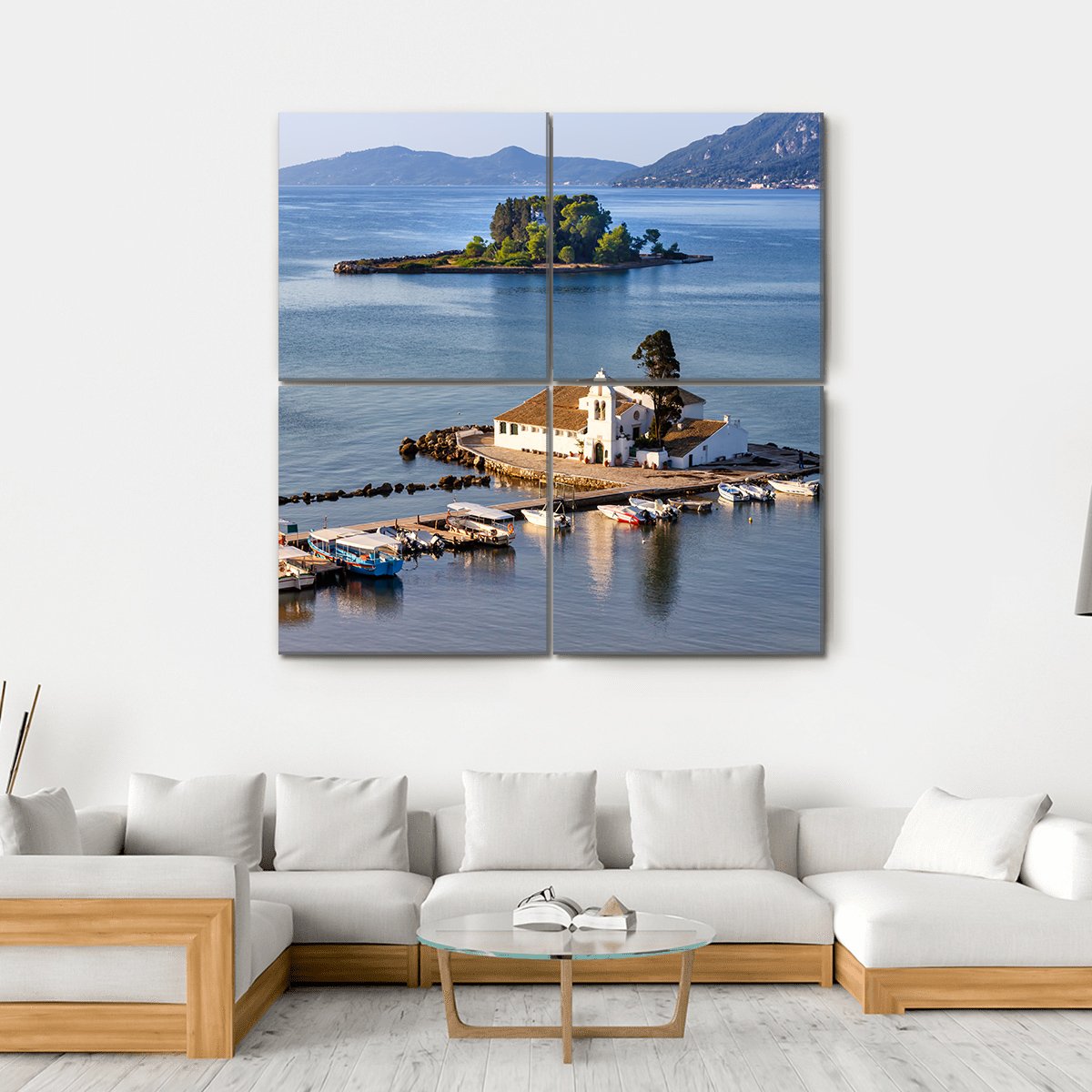 Vlacherna Monastery Church In Greece Canvas Wall Art-4 Square-Gallery Wrap-17" x 17"-Tiaracle
