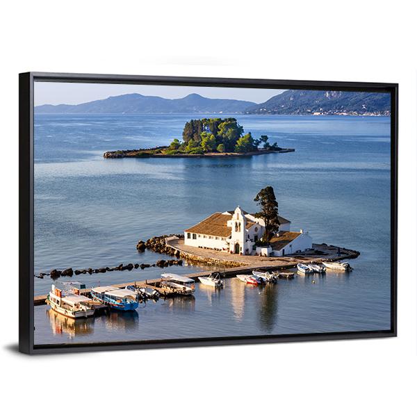 Vlacherna Monastery Church In Greece Canvas Wall Art-3 Horizontal-Gallery Wrap-25" x 16"-Tiaracle