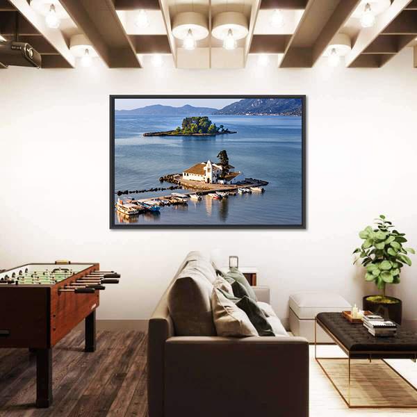 Vlacherna Monastery Church In Greece Canvas Wall Art-5 Horizontal-Gallery Wrap-22" x 12"-Tiaracle