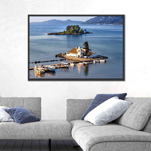 Vlacherna Monastery Church In Greece Canvas Wall Art-3 Horizontal-Gallery Wrap-25" x 16"-Tiaracle