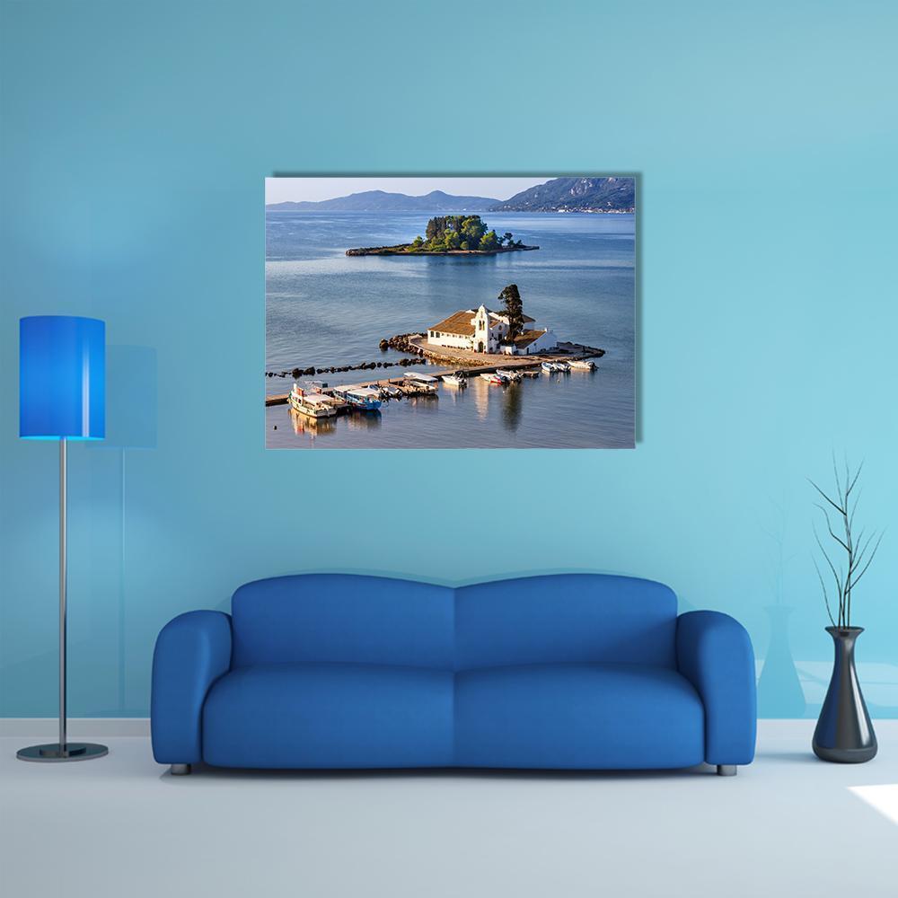 Vlacherna Monastery Church on Island Canvas Wall Art in white and blue, single panel hung on a wall