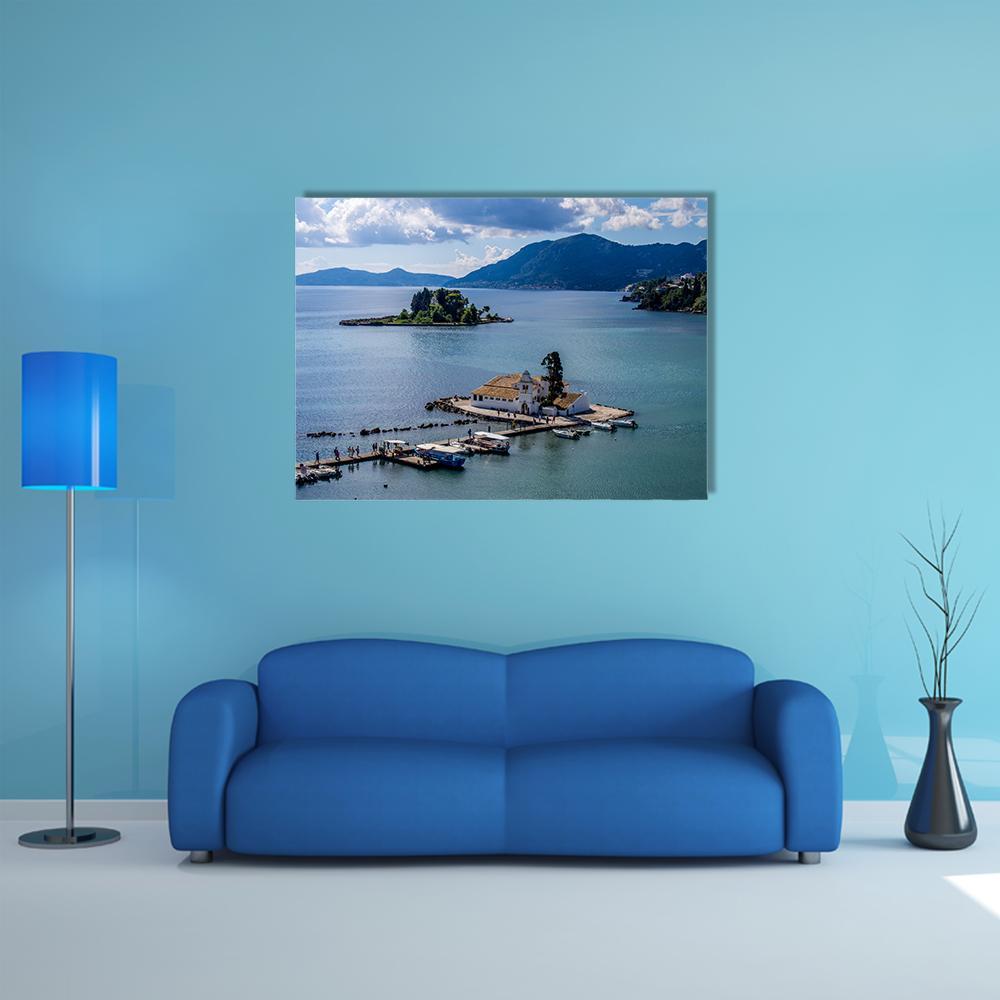 Vlacherna Monastery Island View Canvas Wall Art in white and blue, single panel hung on a wall