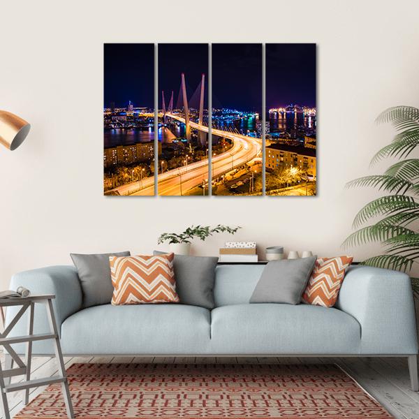Vladivostok Hali Bridge At Night Canvas Wall Art-4 Horizontal-Gallery Wrap-34" x 24"-Tiaracle